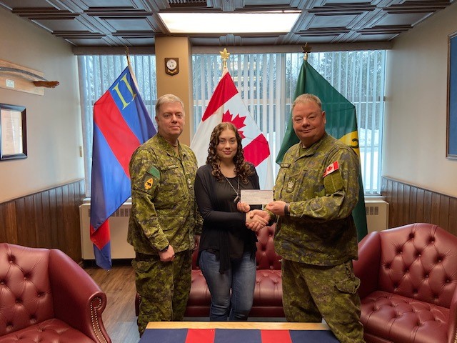 2019 Bursary Winner Erica Hawker with WO Hawker and WO Maynard (Petawawa Chapter President)