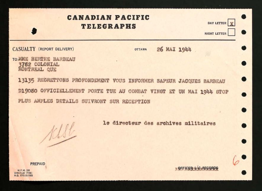 Canadian Pacific Telegraph sent to Mme Berthe Barbeau