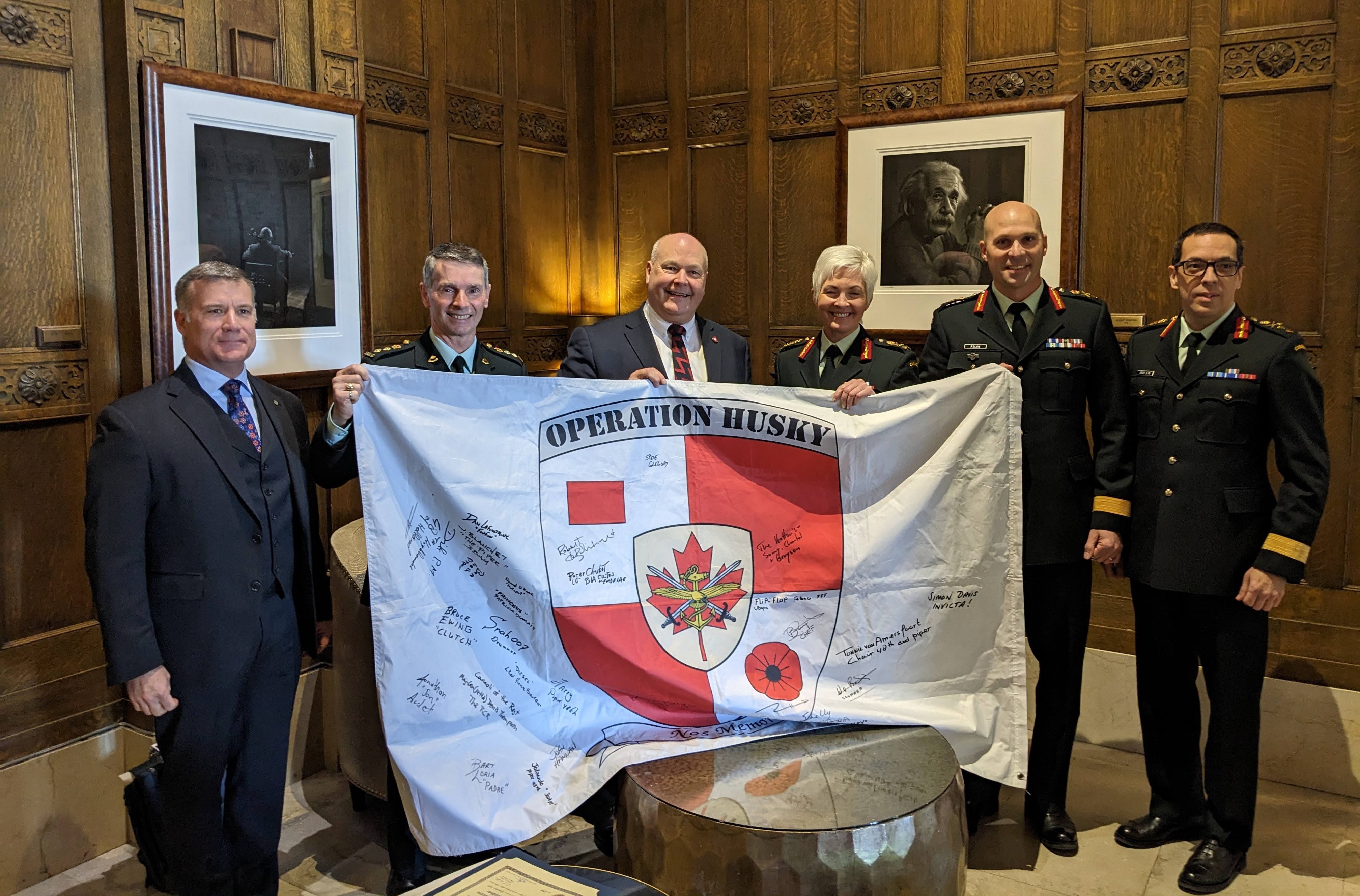 BGen Dan McIsaac (Ret’d), MGen Daniel Benjamin (Ret’d), Pukka Sapper Steve Gregory, LGen Jennie Carignan, BGen Nicholas Pilon, MGen Martin Gros-Jean.