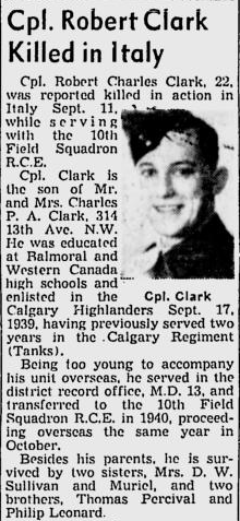 News clipping reporting Cpl Robert Clark's death