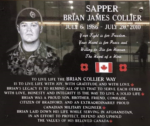 Memorial Plaque in Bradford hockey arena in honnour of Spr Brian James Collier