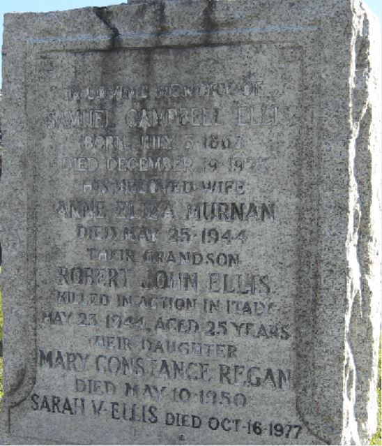 Inscription to the memory of Sapper ROBERT JOHN ELLIS on the family grave marker in Mount Hope Cemetery in Toronto, Ontario