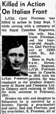 Newspaper clipping announcing L/Cpl Cyril Freeman had been killed in Italy.