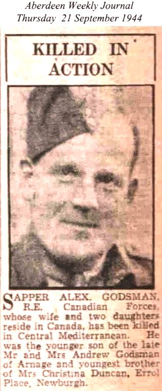 Newspaper clipping announcing Spr Godsman's death in Italy