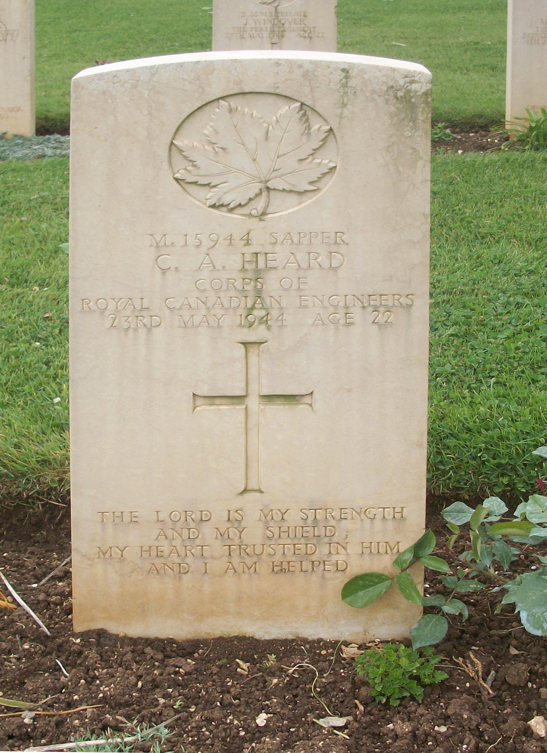 Sapper Christopher Heard's headstone in Cassino Commonwealth Cemetery