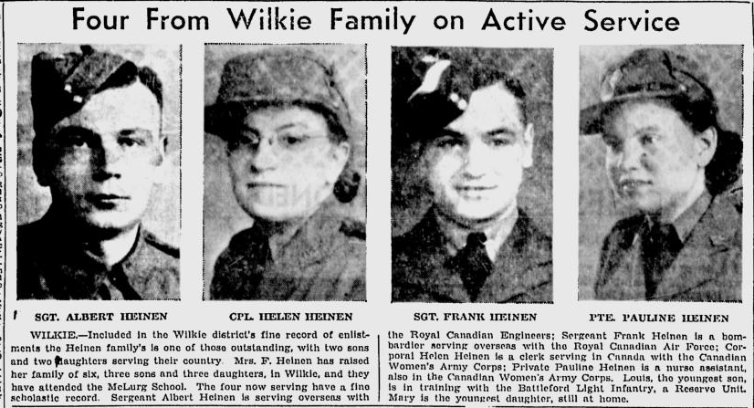 News clipping recognising the Heinen Family contribution to the war.