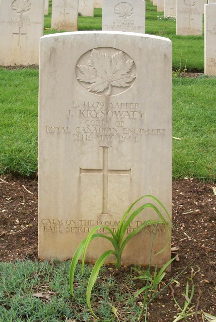 Sapper John Krysowaty's Headstone in Cassino Commonwealth War Cemetery