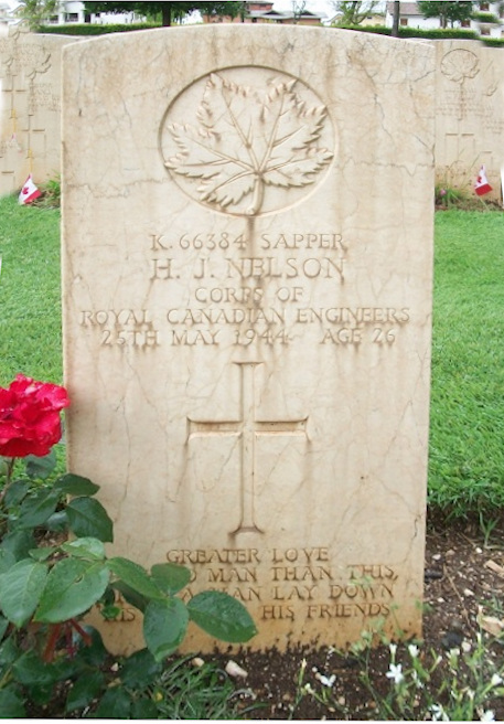 Spr Hugh John Nelson's headstone in the Cassinio Commonwealth War Cemetery