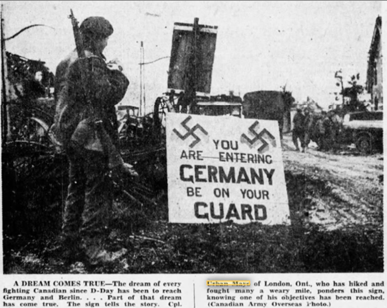 Newspaper article on Sapper Mayo's entry into Germany in February 1945