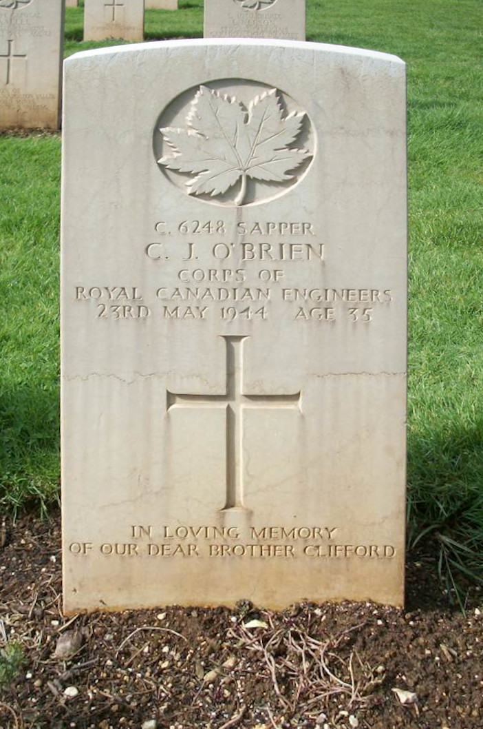 Sapper Clifford Joseph O'Brien's headstone in the Cassino Commonwealth Cemetery