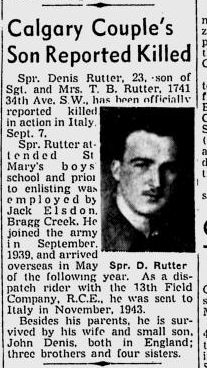 Newspaper clipping announcing Sapper Denis Rutter had been killed in Italy.