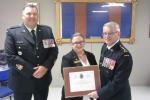 CWO R.G. Swift (CME Branch CWO // Adjuc de la Branche du GMC), Ms // Mlle Sandra Johnson-Penney (Curator CME Museum // conservatrice du Musée du GMC) and the Col Comdt, BGen S.M. Irwin (Ret’d). 