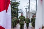 The regiment paraded on the Place des Citoyens in front of City Hall, led by Maj André Desrochers, the commander of 34 CER, Detachment Rouyn-Noranda./Le Régiment a défilé sur la Place des citoyens devant l’hôtel de ville, mené par le Maj André Desrochers, commandant du Détachement de RouynNoranda du 34e RGC.