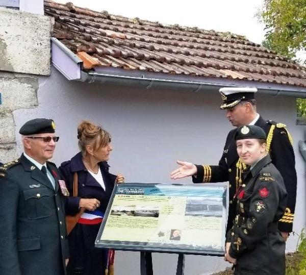 Dedicating a commerative plaque in Lesperon, France (BGen Irwin, Mayor Mrs. Cousseau, Cdr Nadeau and CCWO Marris)