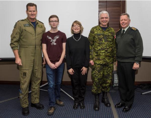 From left to right: LGen Michael Hood, Comd RCAF, Ben Horgan, Christine Horgan, BGen Kevin Horgan and Gen Jonathan Vance, Chief of the Defence Staff