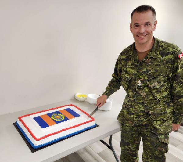 CME Cake – LCol Jonathan Hallett cutting the CME cake to celebrate CME birthday with Det Suffield  Photo by MWO Darren Veinot, Det Suffield, SSM