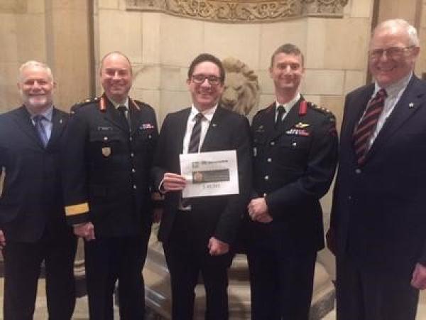 TD Cheque Presentation 3 March 2020: Receiving the cheque are, left to right, Senior CMEA VP CWO Louis Myre (Ret’d), BGen Sean Bindon, Mr. Dignard, Col Kyle Solomon, and CMEA Executive Director Col David Burke (Ret’d).