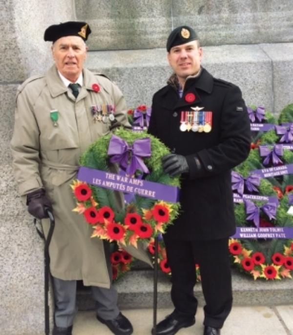 econd World War amputee veteran Charles Jefferson and Afghanistan amputee veteran Sgt. (ret’d) Gaétan Bouchard lay a wreath at the National Remembrance Day ceremony on behalf of The War Amps.