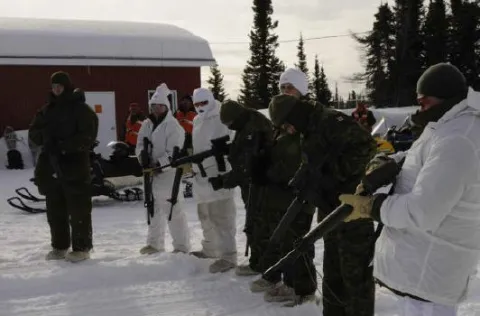 Members of 4 Engineer Support Regiment practice weapons training in snow and icy conditions at 5 Wing during exercise NORTHERN SAPPER. It is important to hone these skills as there are many challenges to working with equipment in an arctic environment.