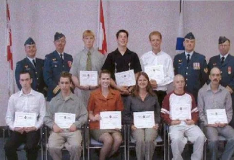 From left to right, front row Pte Lawrence Dickeson, Pte Brandon Landry, Pte Rana Byrne, Pte Sherri Watters, Pte Mathew MacLennan, Pte Thomas Stewart; back row Maj Carlos Marques CO 14 AES, LCol Brian Neyedli FCEO CFB Halifax, Pte James Kenney, Pte Joshua Martin, Pte Nathan White, MCpl Kevin Brown 144 AEF recruiting NCO and Capt Brian Boss OC 144 AEF.