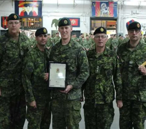 Shown in the Photo, CWO Ron Swift, CME Br CWO, LCol Eric Fortin, CO 5 RGC, Capt John Natyncyk, President of the CMEA Quebec area Chapter, BGenSteve Irwin, CME Col Cmdt, MWO Marc Drolet, acting RSM 5 RGC