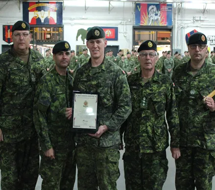 Shown in the Photo, CWO Ron Swift, CME Br CWO, LCol Eric Fortin, CO 5 RGC, Capt John Natyncyk, President of the CMEA Quebec area Chapter, BGenSteve Irwin, CME Col Cmdt, MWO Marc Drolet, acting RSM 5 RGC