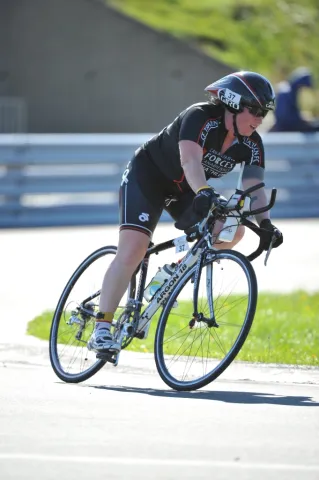 WO Erica Oliver during the 180 km bicycle leg of the Esprit Triathlon (Ironman Distance) in 2011. Her total time for the event was 14 hours 18 minutes.