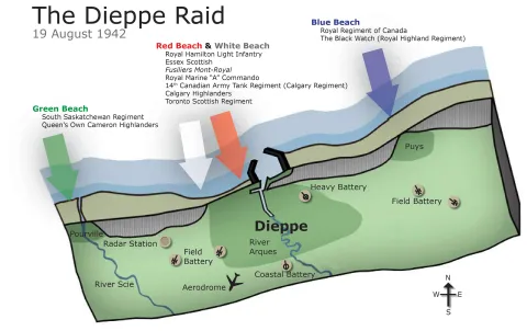 Sketch map showing the main Canadian landing beaches (Veterans Affairs Canada)