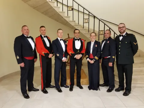 UCWO Burgher, LCol Middleton, FCWO Aitken, Col Gros-Jean, Maj Arsenault, MWO MacNeil, and Pte Kennedy CMEA VP-Halifax.
