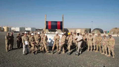 BGen Andrew Jayne, Comd Joint Task Force Iraq, presided at the new accommodation building ground breaking ceremony, along with CWO Robert McCann, Task Force Sergeant-Major Joint Task Force Iraq, LCol René Poirier, Operational Support Hub (OSH) South West Asia CO, the CSM, the CE section heads and two DCC Reps, Camp Canada, Kuwait, March 2, 2018. Photo: DND/CAF